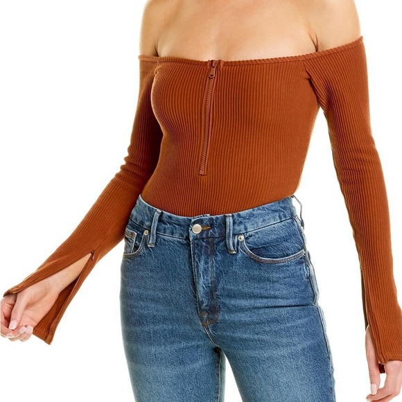 Good American Tops - Good American Half Zip Off The Shoulder Ribbed Rust Brown Bodysuit Size 6/US 3XL